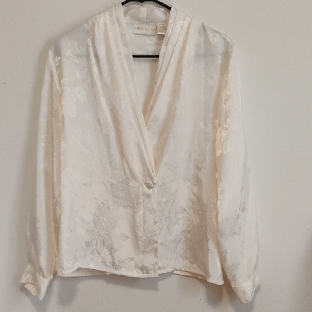 Christie & Jill | Vintage White Shimmer Floral Plunge Blouse | Women's 12P